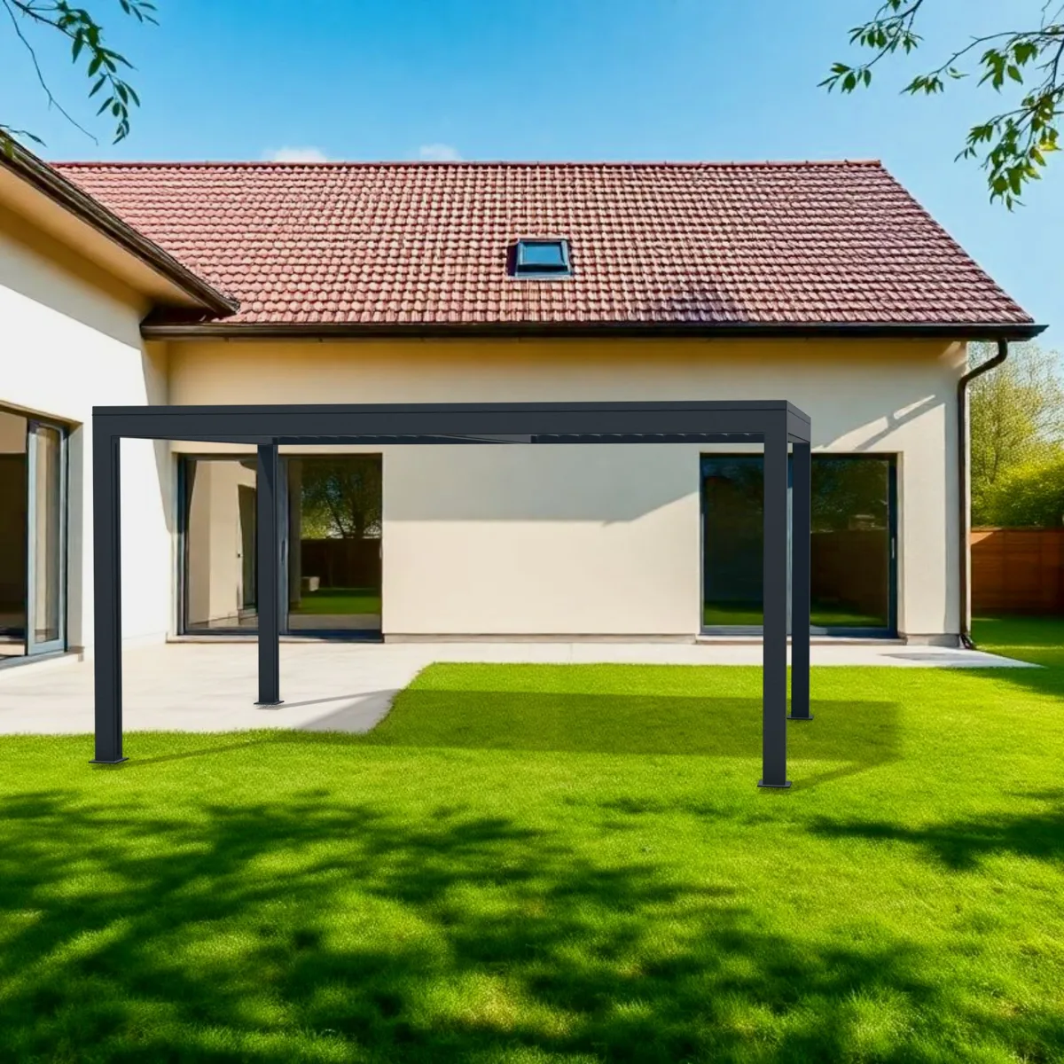 Pergola, izrisana na fotografiji vrta za družinsko hišo